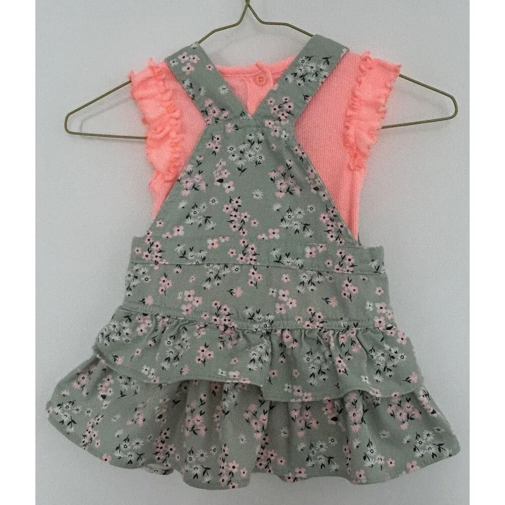 Little Lass Baby Girl 2pc Floral Overall Jumper Dress&Ribbed Bodysuit Set NWOT